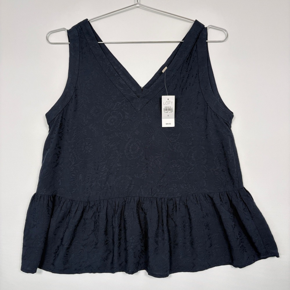 NWT LOFT Women Tank Top S Navy Blue Floral Jacquard Peplum VNeck Sleeveless FLAW